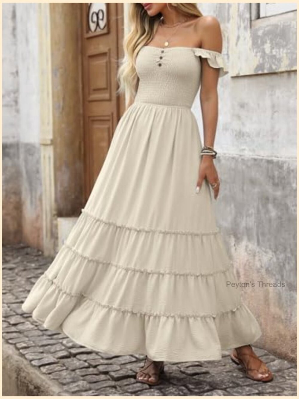 Off Shoulder Maxi Dress Smocked Backless Flowy Tiered Beach Sundress - Picture 3 of 7